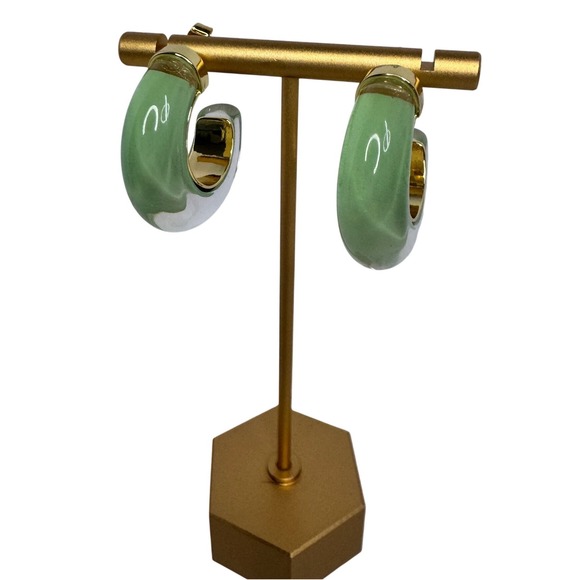 Anthropologie Green Resin Chunky Hoop Earrings Gold Tone Statement C-Hoops - Picture 2 of 6